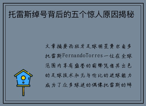 托雷斯绰号背后的五个惊人原因揭秘 托雷斯绰号背后的五个惊人原因揭秘